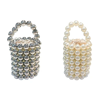 FGGS-Ins Perler Perlebesat Taske til Kvinder Mode Håndlavede Perler Håndtasker Vintage Aften Party Taske Damer Luksus Hule Tote Hvid