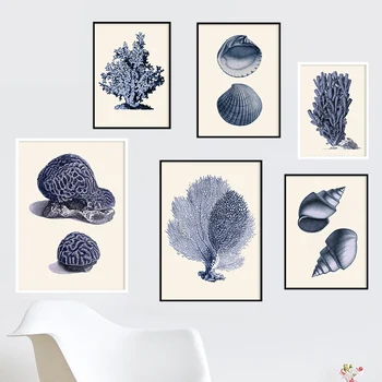 Conch Shell Coral Tree Vintage Ocean Fossiler Væg Kunst, Lærred Maleri Nordiske Plakater& Print Væg Billeder For At Stue Indretning