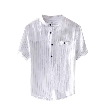 Herre Stribet Kortærmet Skjorter Af Høj Kvalitet, Hør, Åndbart Blød Klassisk Skjorte Kinesiske Retro Vintage
