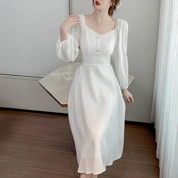 2020 falde i ny og Elegant Hvid Sort v-hals langærmet A-linje Bodycon kjole Prom Party Spring Høj Kvalitet