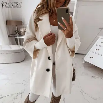 ZANZEA Dame Jakker 2021 Kvindelige Elegante Lange Outwear Foråret Lapel Coats Knappen Op Casual Solid Half Sleeve Oversize Frakke 5XL