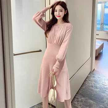 COIGARSAM fransk Stil, Strikning Kvinder i ét stykke klæde koreanske Nye Lanterne Ærme O-Hals Kjoler Pink Black Apricot 2058