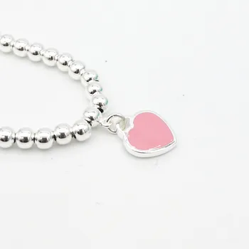 1: 1 sterling sølv 925 classic fashion populære pink hjerte-kort 4 mm runde perler damer armbånd smykker ferie gave