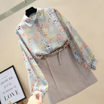 Plus Størrelse Bluse Kvinder Floral Print Chiffon Skjorte Kvinder Toppe Med Lange Ærmer Revers Løs Skjorte Mid-Long Solcreme Shirt Koreanske Top