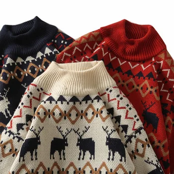 Jul Trykt Hjorte Sweater Mode Mænd Sweater Strik Til Unisex-Streetwear Jersey Trække Homme Halvdelen Rullekrave Vintage Trøje