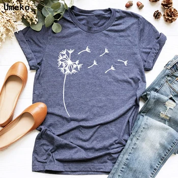 Umeko Afslappet Sommer Mælkebøtte Udskrivning O-Neck T-Shirts til Kvinder Tees Toppe Kvindelige Mode Løs t-shirt Tøj S-5XL Plus Størrelse