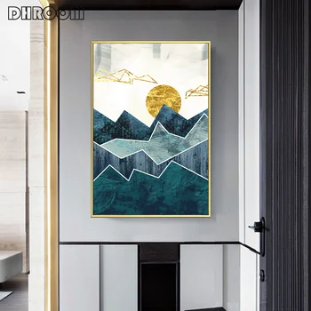 Nordisk Abstrakt Kunst på væggene Geometriske bjerglandskab Lærred Maleri Golden Sun Kunst Plakat Print Væggen Billede til stuen