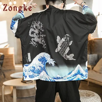Zongke Bølger Sort Kimono Mænd Japansk Kimono Cardigan Harajuku Kimono Shirt Mænd Streetwear Hawaii Skjorte til Mænd 5XL 2021 Ny
