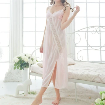 Nye Ankomst Solid Nightgowns Hjem Kjole Behagelig Søvn Shirts Sexet Nattøj Spaghetti Strop Blonde Natkjole Kvindelige H870
