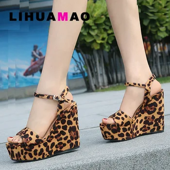 LIHUAMAO leopard platform kiler sandaler til kvinder med høj hæl ankel rem åben tå beach sandaler pumper party dacning