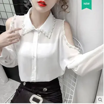 2020 Efteråret Nye koreanske Mode Løs Slankende Lange Ærmer Beaded Chiffon Skjorte Kvinders Bluse Toppe Harajuku Tøj P181