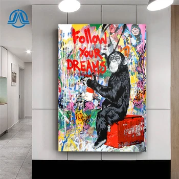 Graffiti Væg Kunst, Plakater, Følg Dine Drømme Abe Billede Gorilla Lærred Maleri til stuen Abstrakte Dyr Kunst Uden Ramme