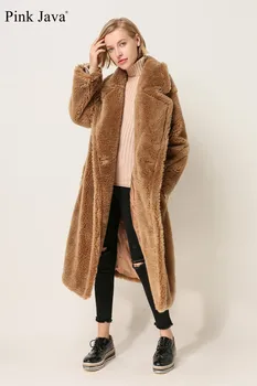 PINK JAVA QC1848 nye ankomst gratis fragt real får pels lang stil uld frakke kamel teddy frakke over størrelsen vinteren kvinder coat