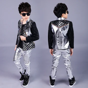 Jazz Kostumer Drenge Sølv Mode Sequined Jakke Børn Scene Outfit Hiphop Børn Street Dance Tøj, børnetøj DNV11839