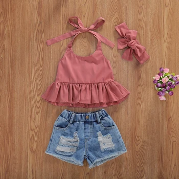 Barn Børn Baby Girls Fashion 3-delt Sæt Tøj Solid Farve Halterneck Top+Denim Shorts+Pandebånd Sommeren Afslappet Tøj Sæt 2020