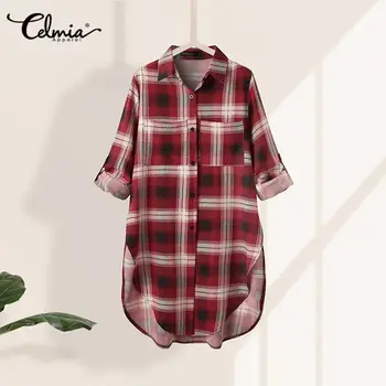 Celmia 2021 Smarte Toppe Kvinder Langærmet Vintage Plaid Bluser Casual Revers Asymmetrisk Shirts Delt Kontor Blusas Femininas