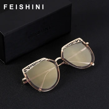 FEISHINI UV-Beskyttelse, Anti-Reflekterende Gradient Cat eye Solbriller Kvinder Metal Hule Design Champagne Vintage solbriller