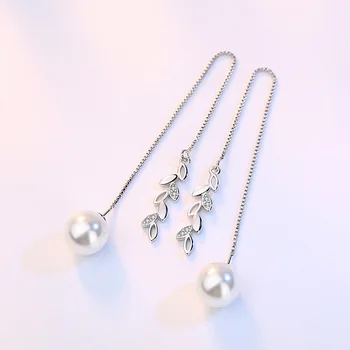 925 sterling sølv mode hvede pearl krystal damer'long kvaster stud øreringe smykker kvinder gave, no fade