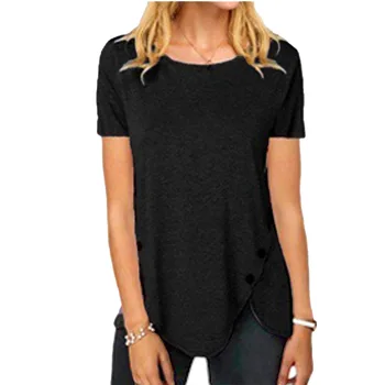 5XL Plus Size Summer Cotton T-shirts Women Short Sleeve Casual Loose Solid Button T-shirt Irregular Hem Top Ladies Clothing