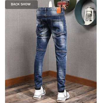 Fashion Streetwear Mænd Jeans Retro Blå Elastisk Slim Fit Splejset Designer Rippet Biker Bukser Homme Italienske Vintage Bukser Mandlige