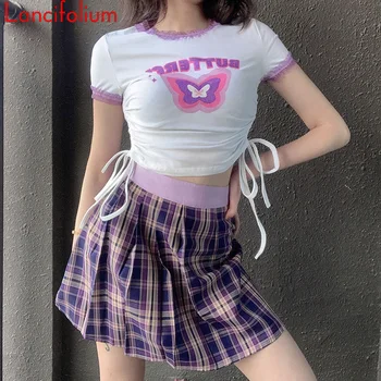 Sexet T-Shirt Kvinder Grafisk Y2k Æstetiske Afgrøde Top Damer Butterfly Lace Up Tee Sommer Sød Skurken Egirl Cropped Top 2020 E Pige