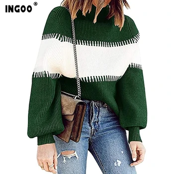 INGOO Patchwork Kvinder Sweater Rullekrave, Puff Ærmer Farverig Mode 7 Farver Top Pullover Oversize Varme Trøjer