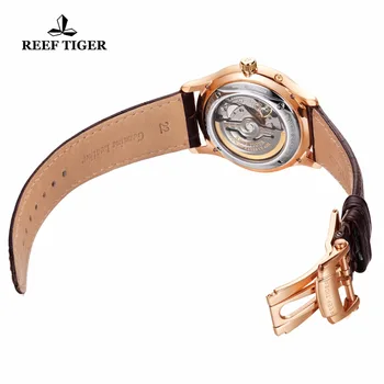 Reef Tiger/RT Herre Elegante Automatiske Ure med Power Reserve Komplet Kalender Rose Gold Watch RGA1980