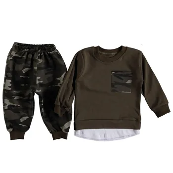 2 Stk Soldat med Lommer og Elastisk Talje Camouflage Mønster drengens T-shirt og Bukser Sæt Sweatshirt 2020 2021
