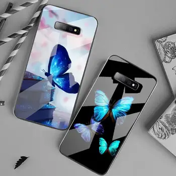 Blå sommerfugl søde dyr funda coque coverenheden, Sag Hærdet glas Til Samsung S6 S7 kant S8 S9 S10 e plus note8 9 10 pro