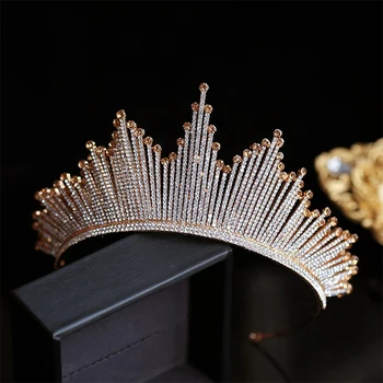 HIMSTORY Luksus Trendy Fuld Rhinestone Krystal Tiara Stor Krone Bryllup Bride Dronning Medaljon Crown Champagne gold Hair Acces