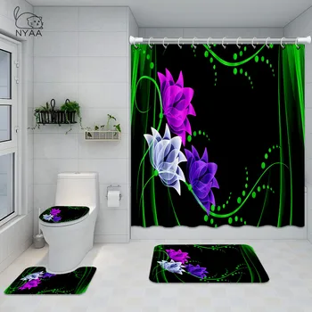 NYAA 4stk Badeværelse badeforhæng Blomster Print Holdbar Vandtæt Bad Gardin Sæt Toilet Dække Måtten Skridsikker Badeværelse Tæppe Sæt