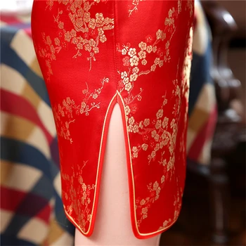 16Color Satin Traditionel Kinesisk Kjole til Kvinder Qipao Kort Vintage Dragon Print Rød Kina Stil Bryllup Bryllup S-6XL