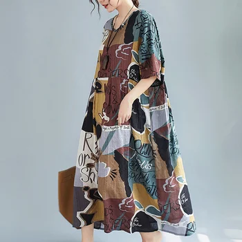 2021 Sommeren Vintage Plus Size Print Bomuld Maxi Sundress Korea Kvinder Løs Stranden Midi Kjole Elegant Bodycon Part Vestidos