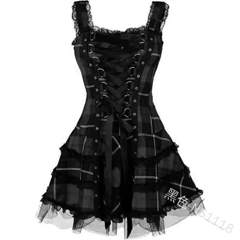 Plus size Kvinder Kjole Vintage Gotiske snøre Sommer kjole Mørk Lolita kostume-steampunk Mini cosplay kjole