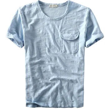 Mænd Bomuld Og Linned Blend kortærmet T-shirts Med Lommer Japan, Minimalistisk Stil, Blød Behagelig Pullover Toppe Casual t-Shirts