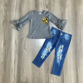 Baby Pige tøj piger efterår/kostumer, grå top med jeans bukser piger boutique tøj