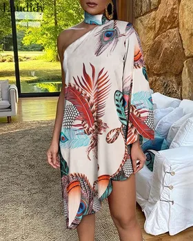 Sexy One-shoulder Blomster Trykt Slank Bodycon Mode Uregelmæssige Sommeren Kvinder Beach Dress