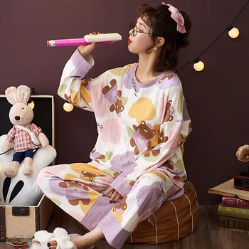 Pyjamas Kvinder Efteråret og Vinteren Ren Bomuld langærmet Studerende koreanske Version Søde Ins Kvindelige Plus Size Hjem Passer til