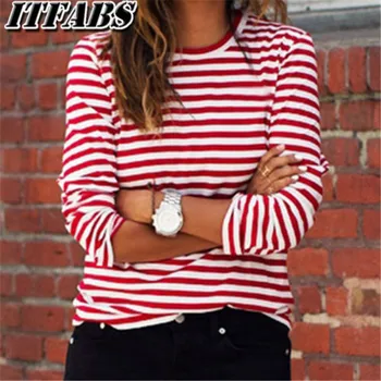 2019 Afslappet Kvinder Rød Hvid Stribet langærmet T-Shirt i Bomuld Løs Skjorte Kvindelige Grundlæggende O-Neck Tops Tee Efteråret pullovere