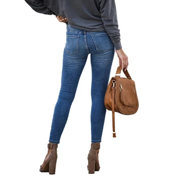 Kvinder koreanske Stretch Jeans Mode Solid Farve Slim Fit Midten af taljen Afslappet Beskåret Denim Bukser