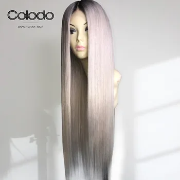 COLODO Lys Sølv Ombre Paryk af menneskehår 1b Rødder Grå Lige Lace Front Wig-Brazilian Remy Gennemsigtige Blonder Parykker til Kvinder