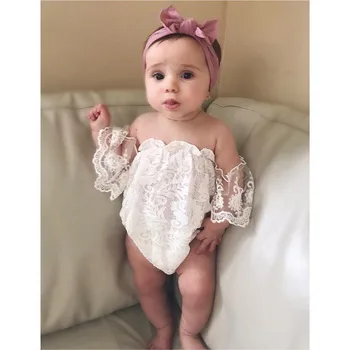 Søde Spædbarn Baby Piger Blonder Off Skulder Bodysuit Buksedragt Udstyr Sæt Til Nyfødte Sunsuit Baby Pige Tøj Kortærmet Bodyer