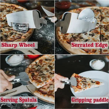 LMETJMA 4 i 1 Pizza Cutter Hjul af Rustfrit Stål Pizza Pizza Cutter Kniv, der Serverer Spatel Gribende Padle Pizza Værktøjer KC0081