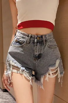 2019 Sommeren Koreansk Stil Ripped Jeans Til Kvinder Vilde Sexet Uregelmæssige Lige Hot Pants Mode Lynlås Høj Talje Shorts Black