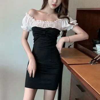 Sexet Party Club Kjoler Kvinder 2020 Elegante Mode Off Skulder Sort Kort Kjole Koreanske Afslappet Tøj Slim Mini-Bodycon Kjole