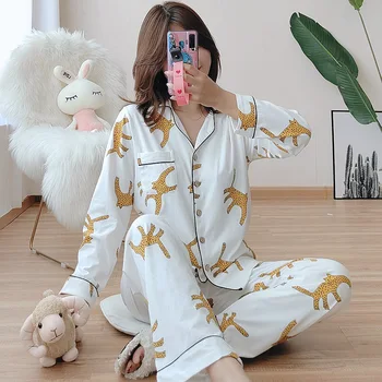 Japansk stil damer, bomuld, passer leopard print langærmet pyjamas bukser, der passer forår, efterår, vinter home service kvinder