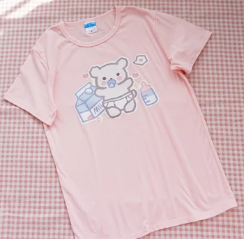 Japansk Bløde Pige Søde Baby Flaske Bære Korte Ærmer T-shirt Tee Studerende Harajuku Løs Kawaii Ulzzang Bomuld, T-shirt, Toppe