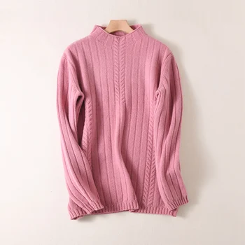 Uld Nye Efterår og vinter Kvinder Strikkede Sweater, Trøjer Halv krave sweater Solid Farve Elastisk Twist Sweater Dame Toppe