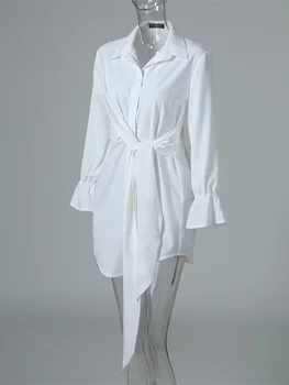 Solidt Knyttede Front Shirt Dress Efteråret Kvinder Elegant Formel Kontor OL Hvid Mini Kjole Kvindelige Arbejdstøj Fritid Kjole