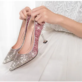 Crystal sequined bryllup sko, høj stilethæl hæl spidse brude sko sølv brudepige kjole sko perle hæl